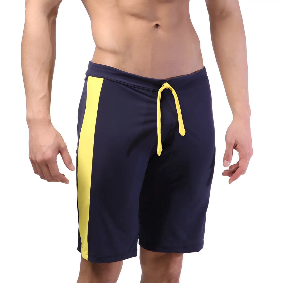 MetroMaleWear trainer short navy 4713-28 features navy blue athletic shorts with a bold yellow side stripe and matching drawstring