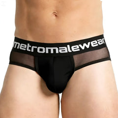 MetroMaleWear Travis brief black mesh briefs with solid black waistband and metromalewear logo in white lettering