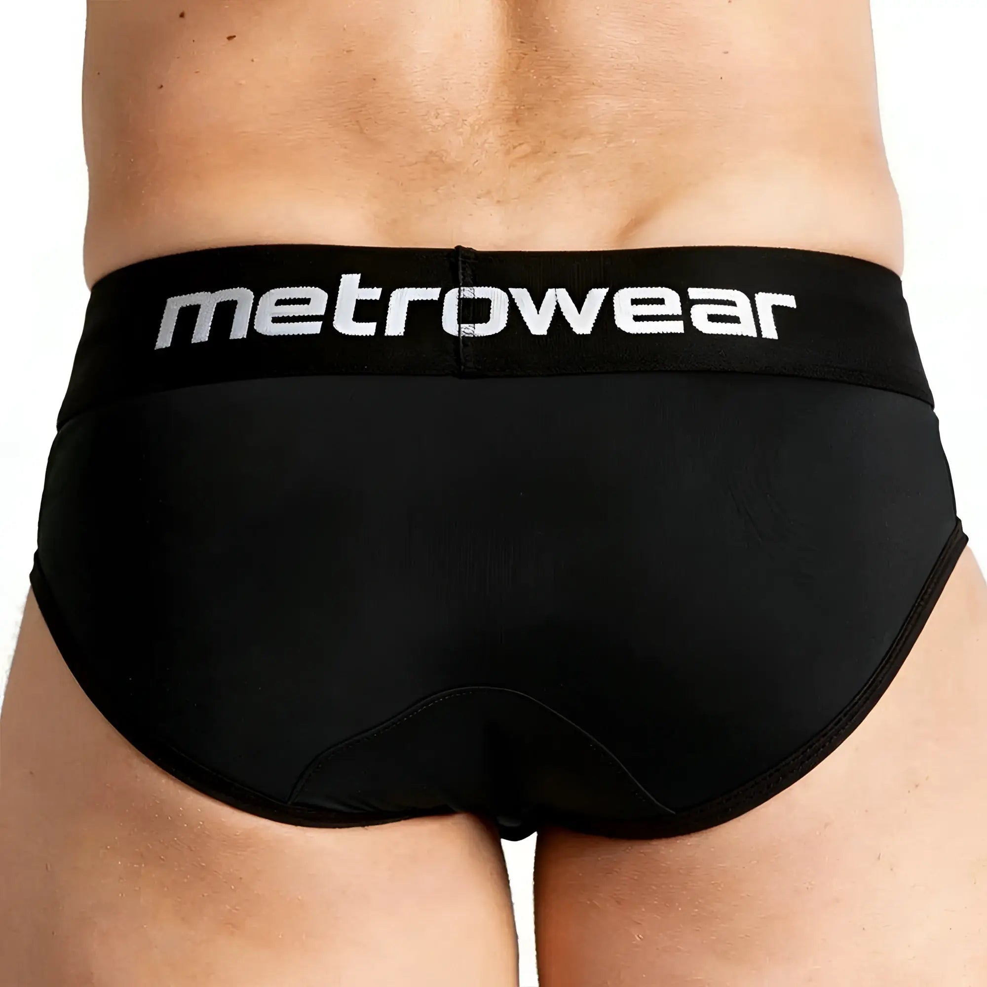 Black metrowear travis briefs with white logo waistband designed for comfortable everyday wear