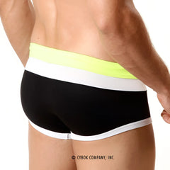 Black MetroMaleWear swim briefs with bright neon yellow and white striped waistband for trendy beachwear