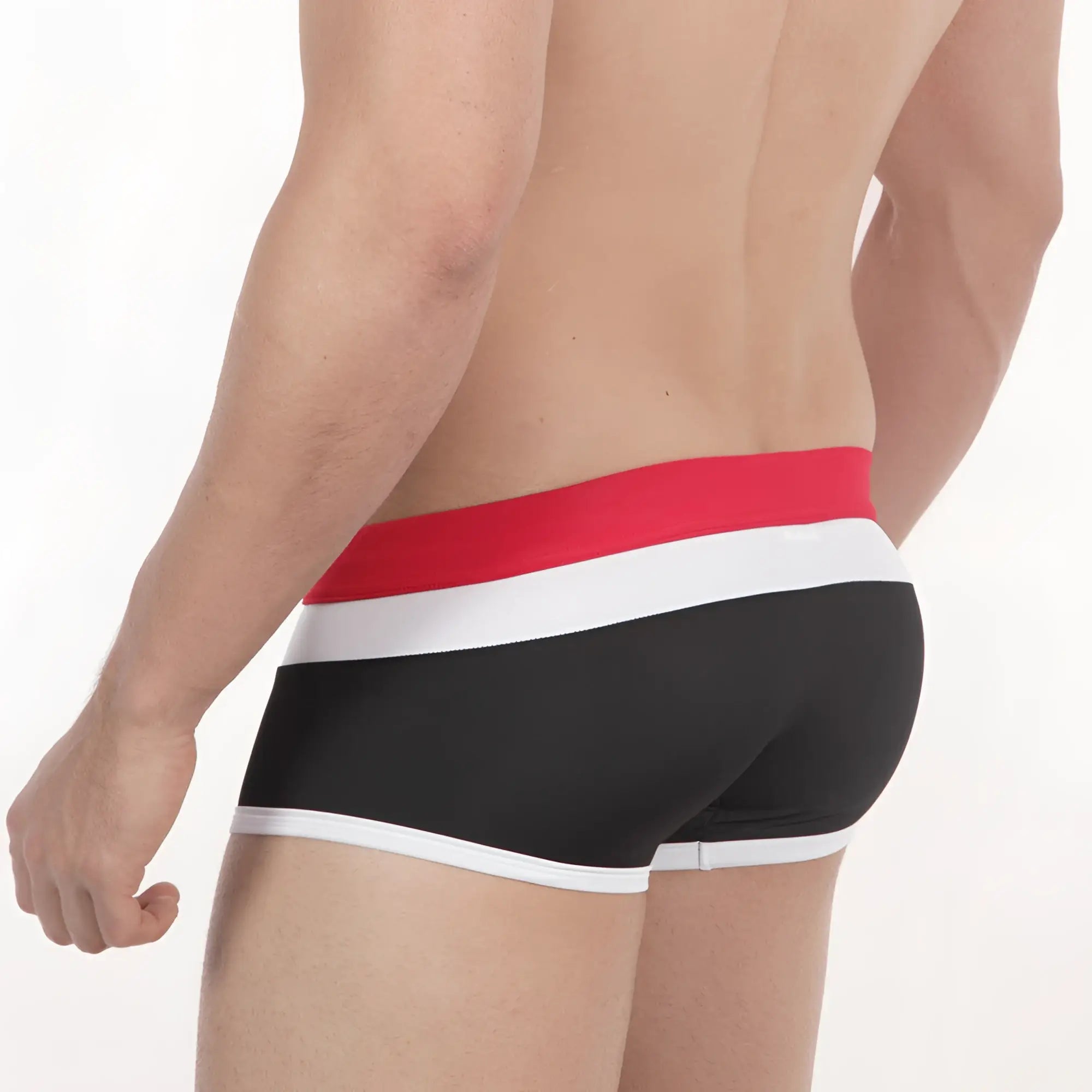 Black briefs with bold red and white striped waistband metroMalewear trio swim trunk black red 4913-40
