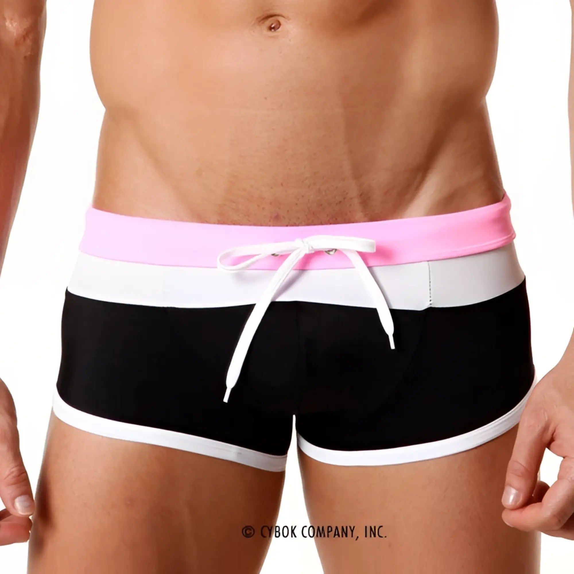 Metro malewear trio swim trunk pink 4913-02 black and white striped swim trunks with bright pink waistband and white drawstring