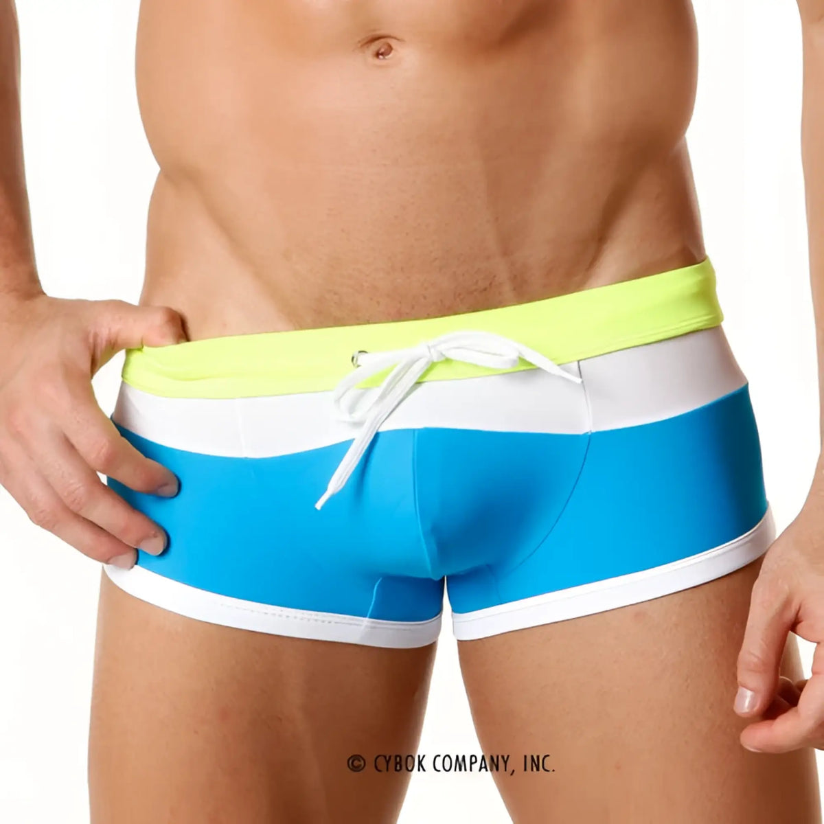 MetroMaleWear trio swim trunk turquoise 4913-08 bright blue and white striped with neon yellow waistband and drawstring
