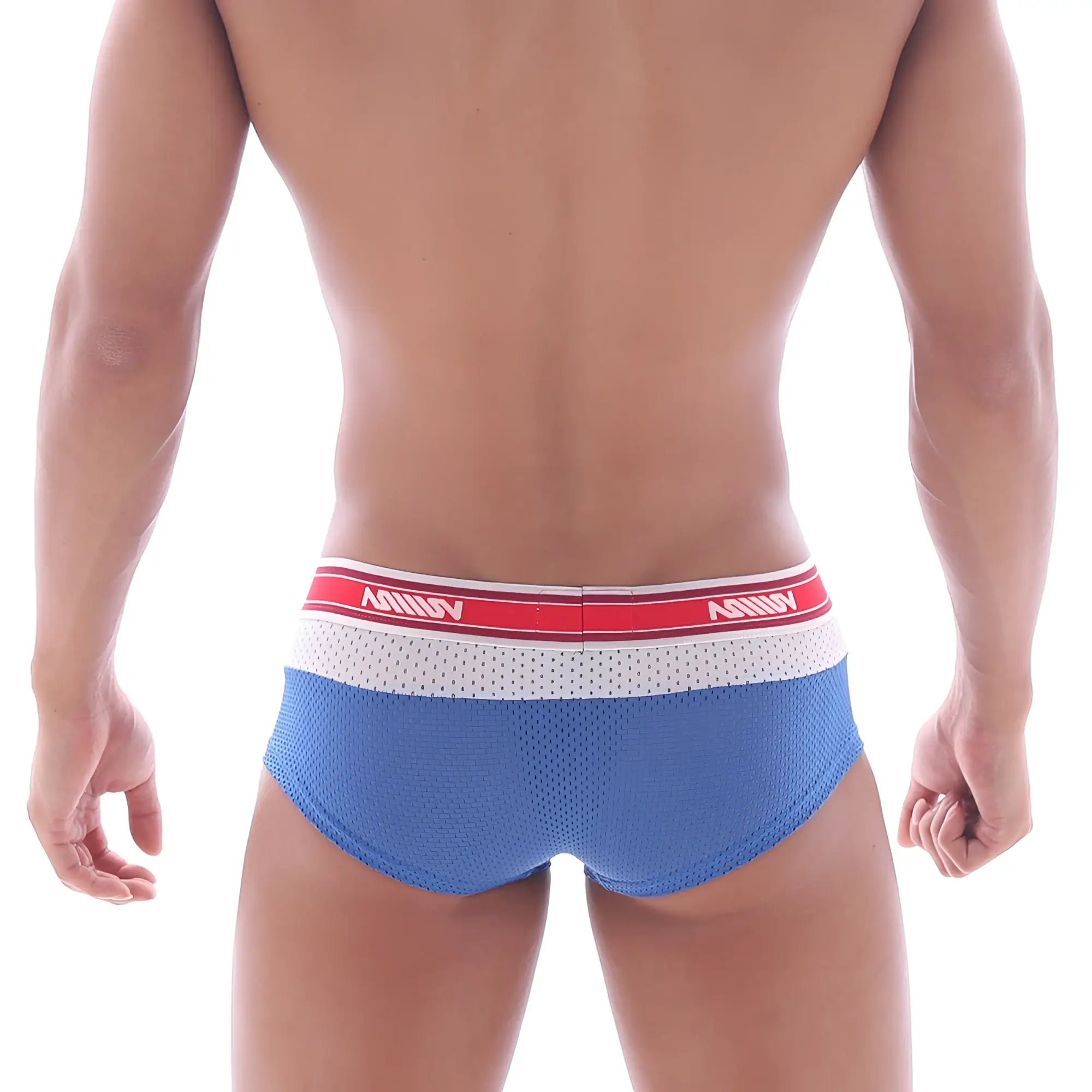 Metro malewear triple boxer royal blue blue mesh briefs with red and white ashny branded elastic waistband