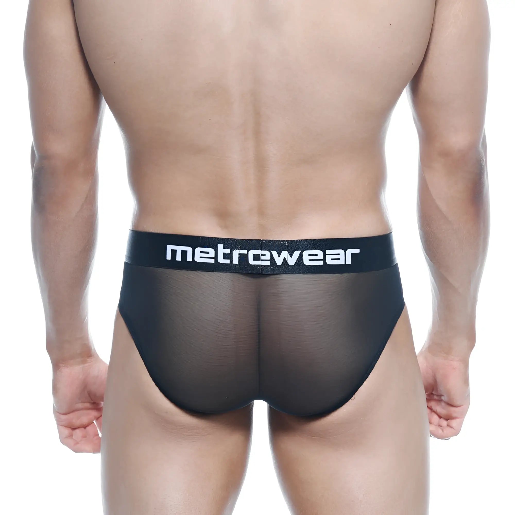 MetroMaleWear Tron Hip Brief black mesh briefs with solid waistband and metrewear logo in white lettering