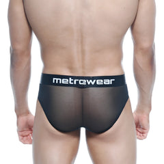 MetroMaleWear Tron Hip Brief black mesh briefs with solid waistband and metrewear logo in white lettering