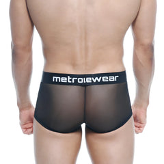 Black mesh briefs metro male wear tron trunk with solid black waistband featuring metrowear logo in white lettering