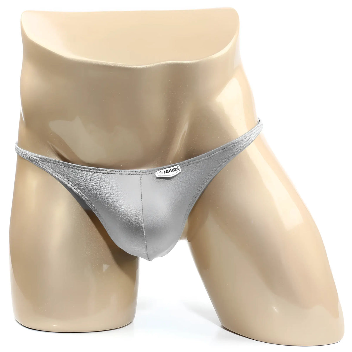 MetroMaleWear TROZO bikini silver metallic thong with small rectangular brand tag on the front