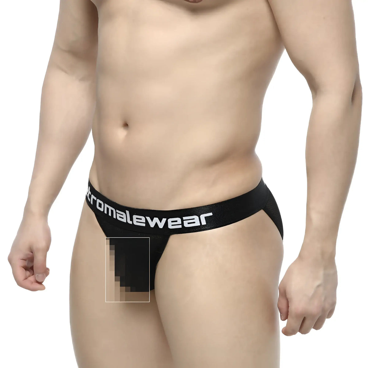MetroMaleWear Tull Bikini 3004-31 black chromalewear thong with mesh panel and white waistband branding visible from the back