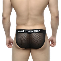 Black mesh briefs with a black elastic waistband featuring metro2wear logo from metromalewear tull bikini 3004-31 collection
