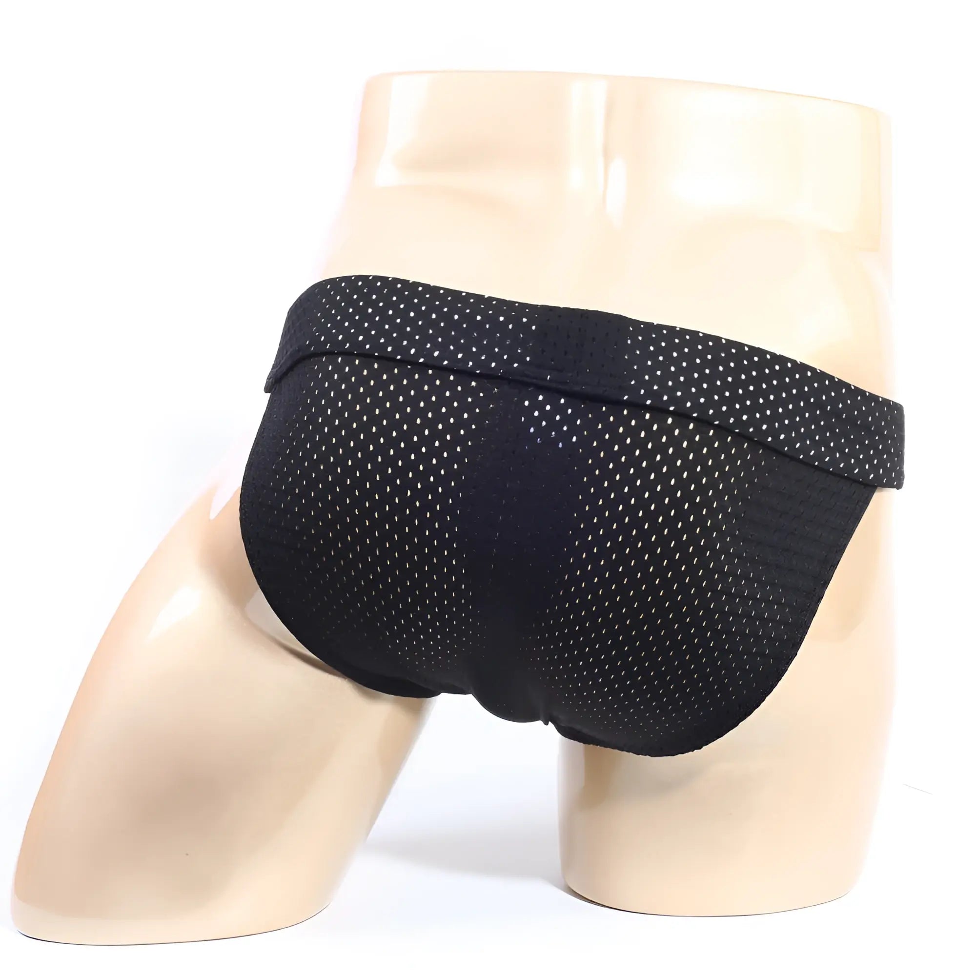 MetroMaleWear Tull bikini black athletic briefs with white dot mesh pattern and elastic waistband front view