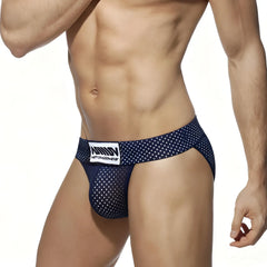Navy blue polka dot mesh briefs with white branded label on waistband from MetroMaleWear tull bikini 3304-31 collection