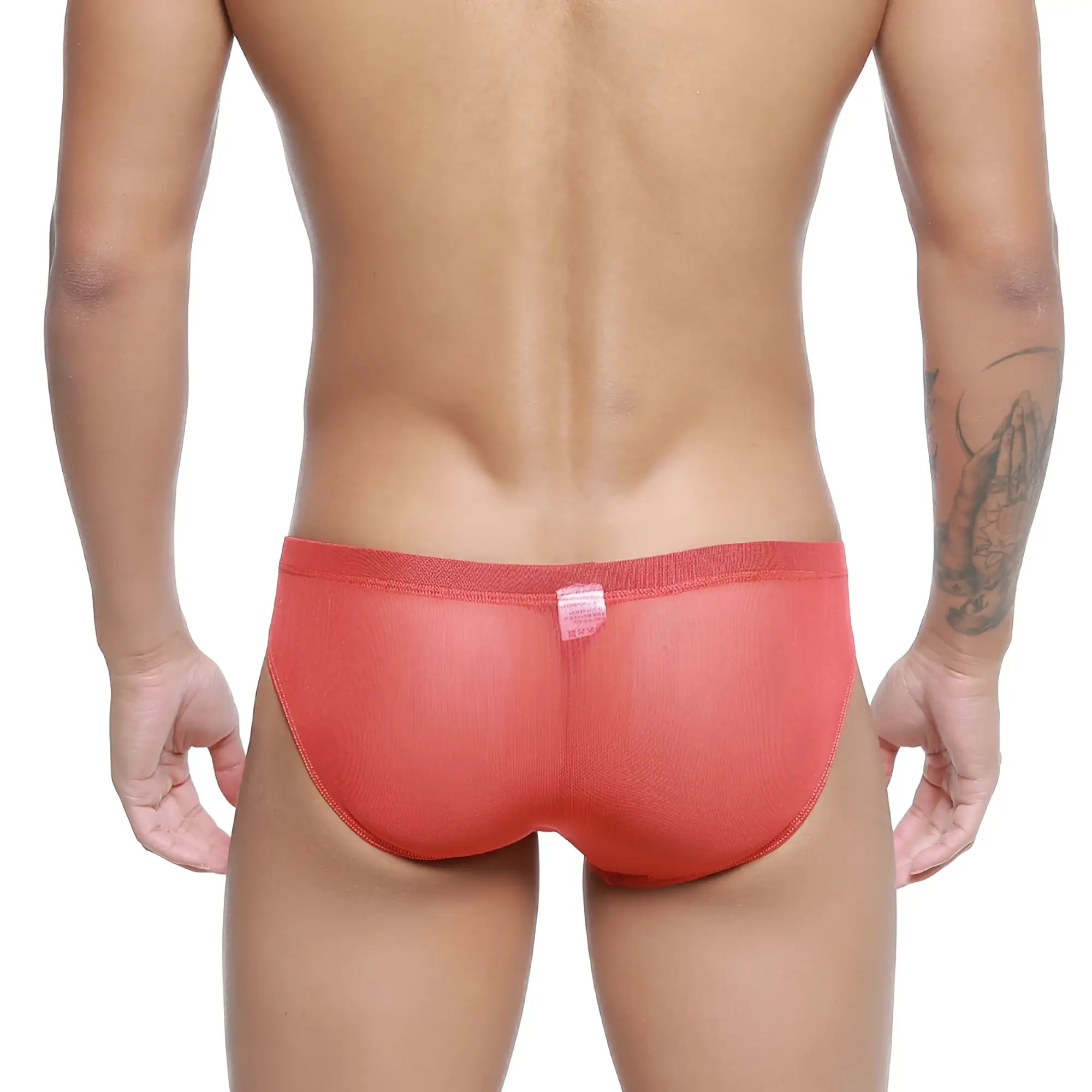 Coral-colored sheer mesh briefs with textured fabric and elastic waistband metroMalewear tull rojo bikini 5103-M13