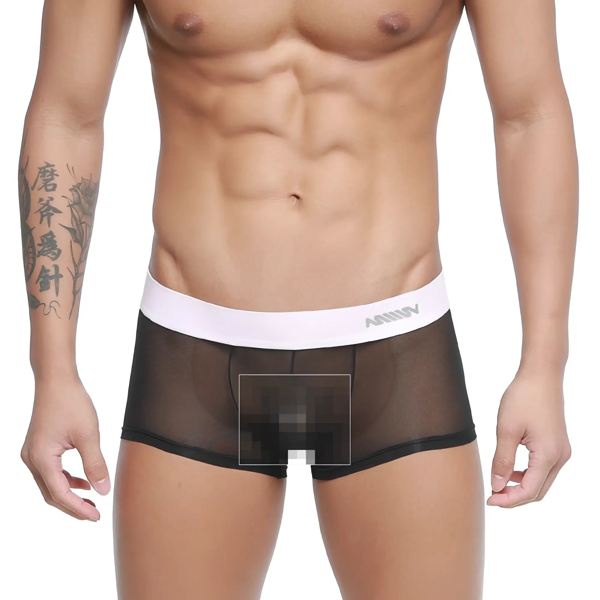 Black sheer mesh briefs with white elastic waistband branded amuw from MetroMaleWear Tull Trunk 2026-19 collection