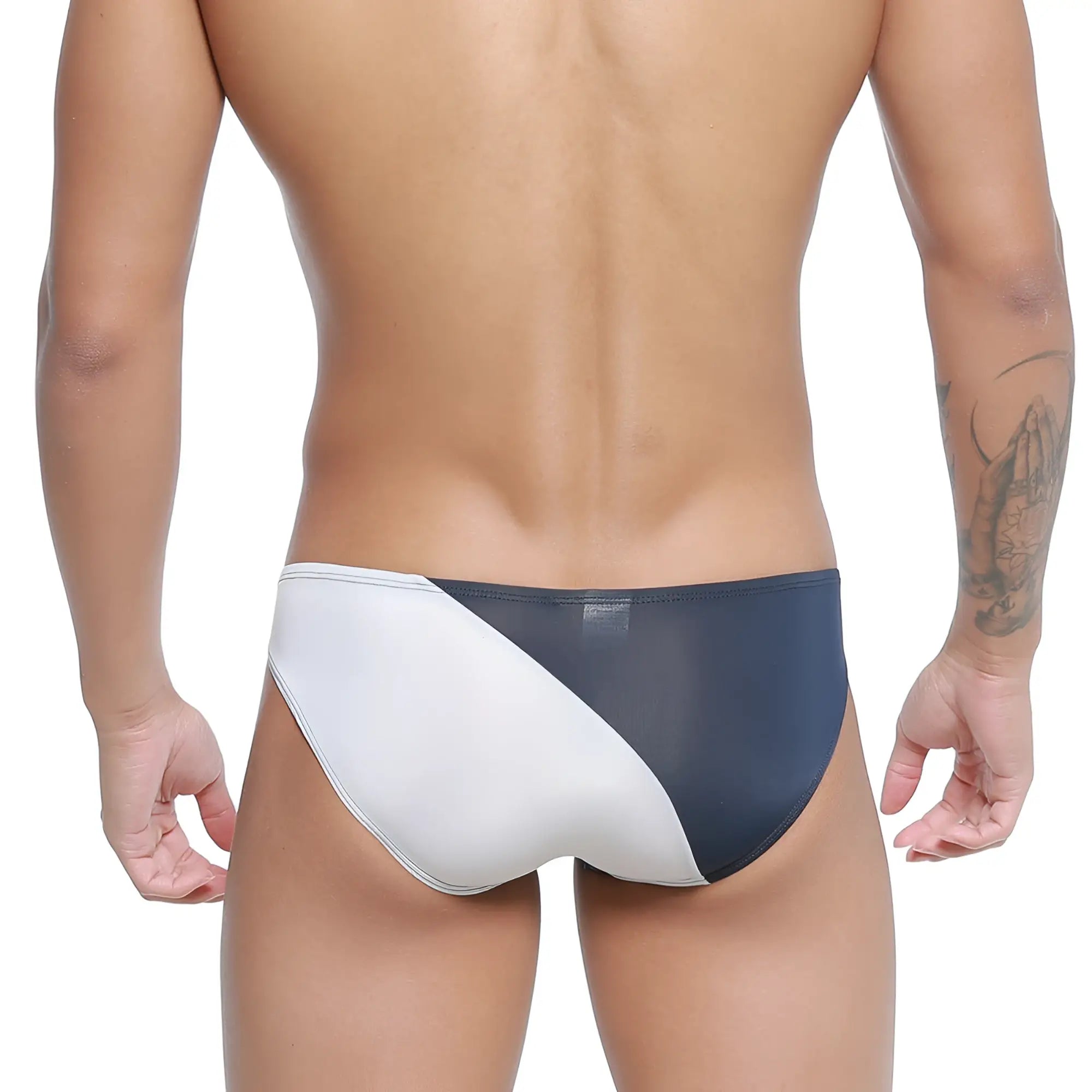 MetroMaleWear TXM bikini dark blue swim trunks in white and navy blue with mesh panel detailing