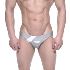 Gray and white athletic briefs with sleek modern design and munin logo from metromalewear ultimo bikini 4963-10