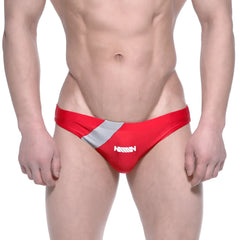 MetroMaleWear Ultimo bikini red 4963-12 athletic swim trunks in red and silver with bold diagonal stripe design