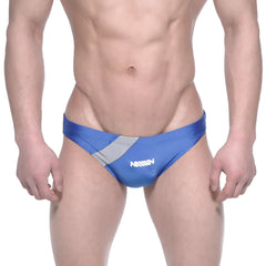 Blue and gray athletic swim trunks with a white logo from MetroMaleWear Ultimo Bikini royal blue 4963-18