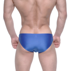 Metro male wear ultimo bikini royal blue swim trunks made of blue satin with a sleek fit for men