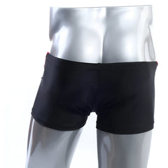 MetroMaleWear ultra square cut black swim trunks with red side seam trim designed for comfortable swimwear use
