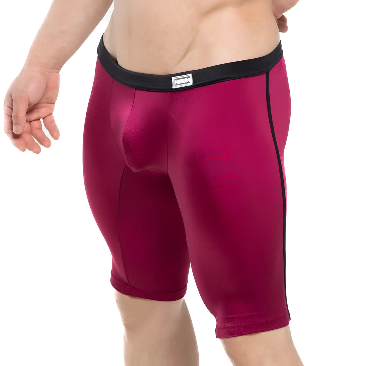 Maroon metroMalewear university biker shorts with black elastic waistband and side seam trim for athletic use