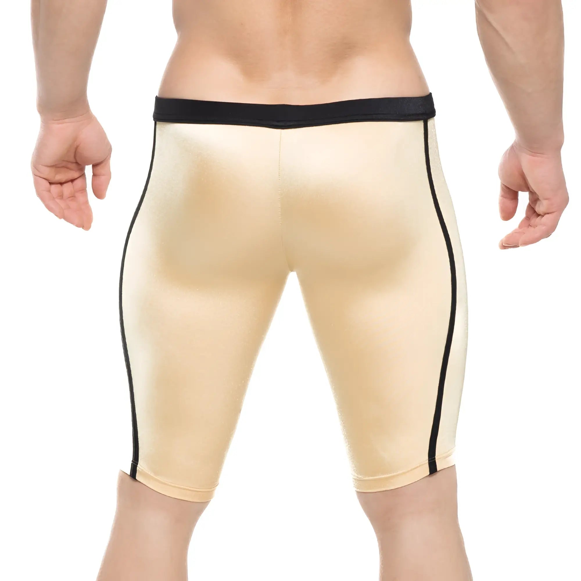 Beige metallic athletic shorts with black trim from MetroMaleWear University Biker Gold 4020-21 collection
