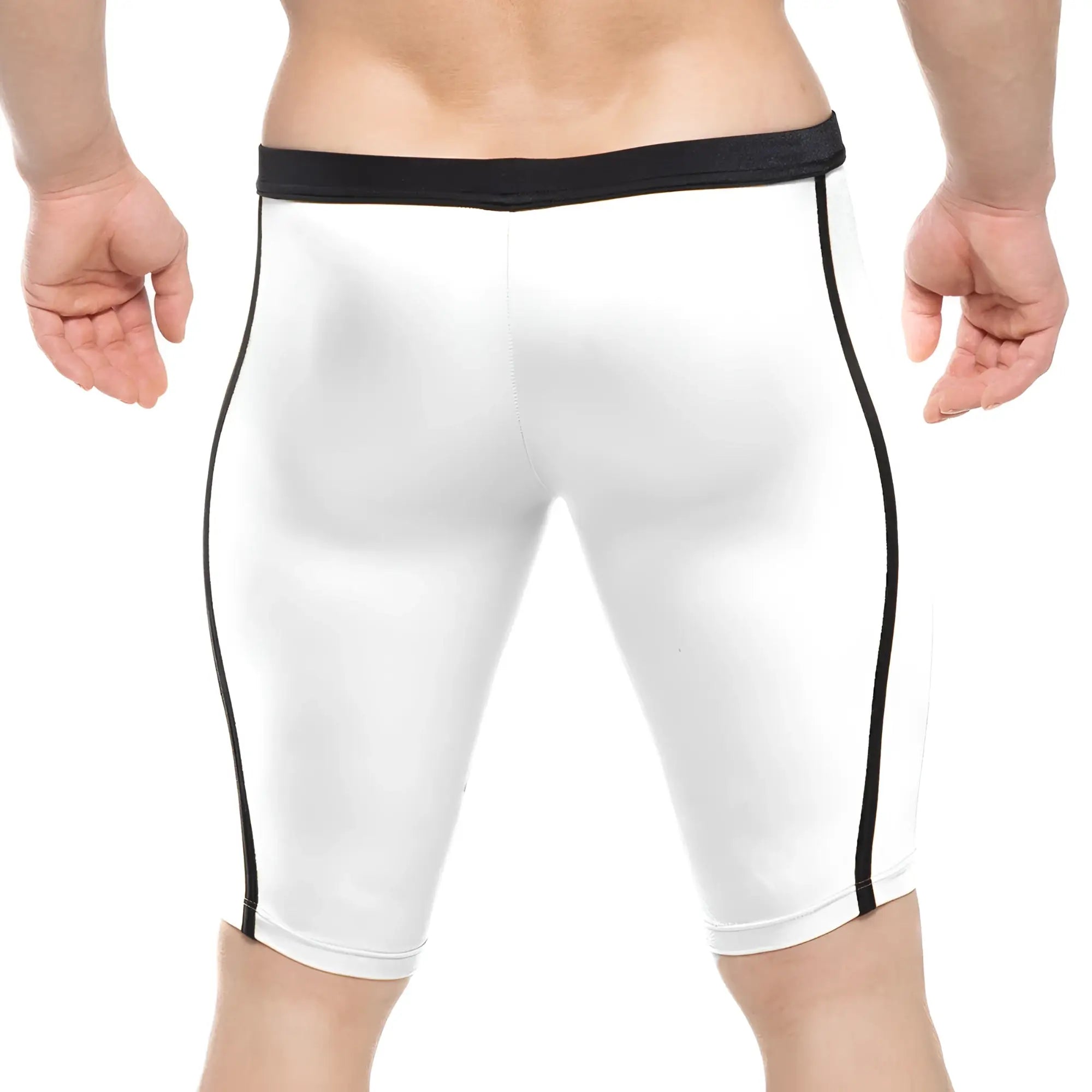 White athletic shorts with black side stripes and elastic waistband from metromalewear university biker 4020-00
