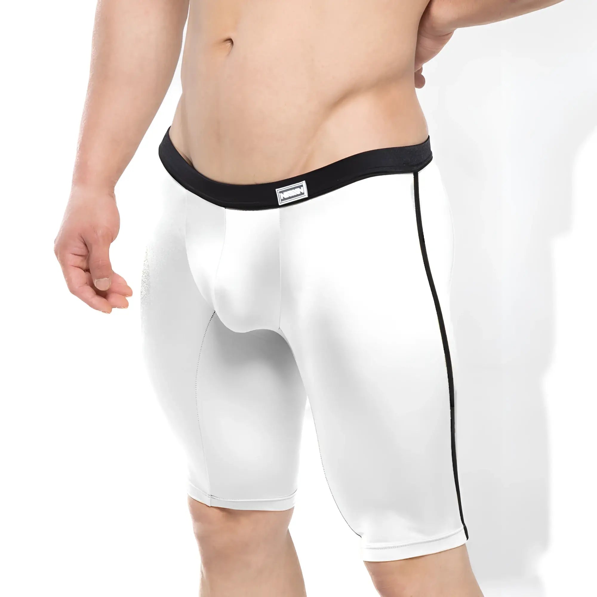 White men’s athletic briefs metro malewear university biker white with black elastic waistband and side seam trim