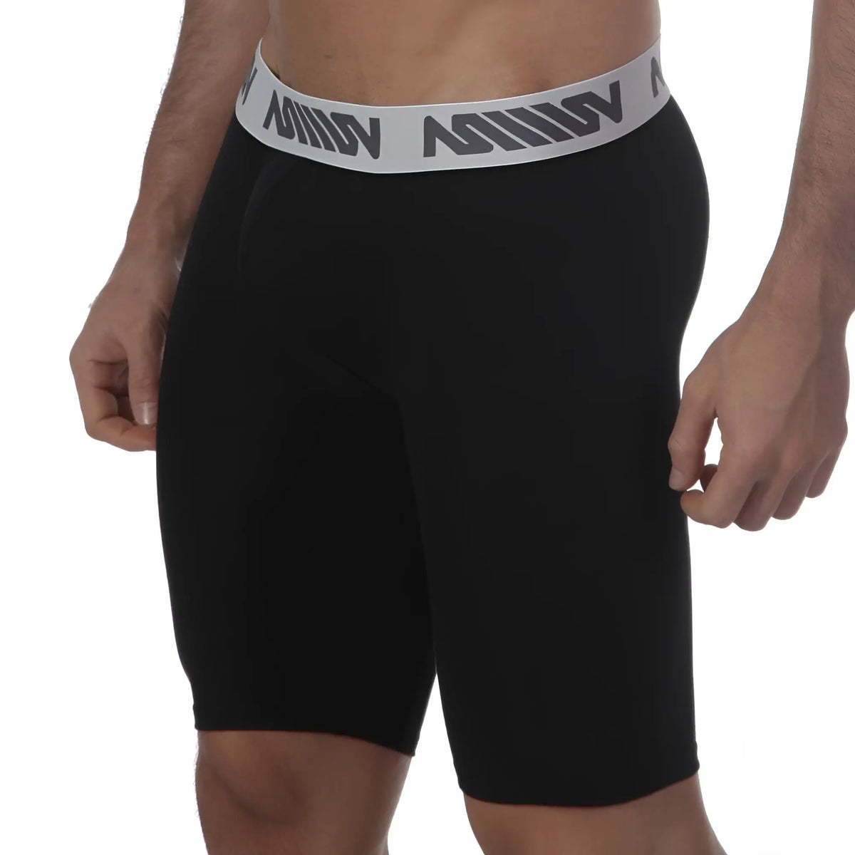 Black athletic shorts with gray waistband featuring mimov logo from MetroMaleWear Uphole Long Boxer 3031-20