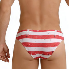 Red and white striped swim trunks with distressed vintage flag design from metromalewear usa castro brief 2233-90