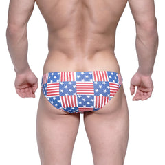 MetroMaleWear USA hip bikini swim trunks in red white and blue patchwork design for patriotic beachwear