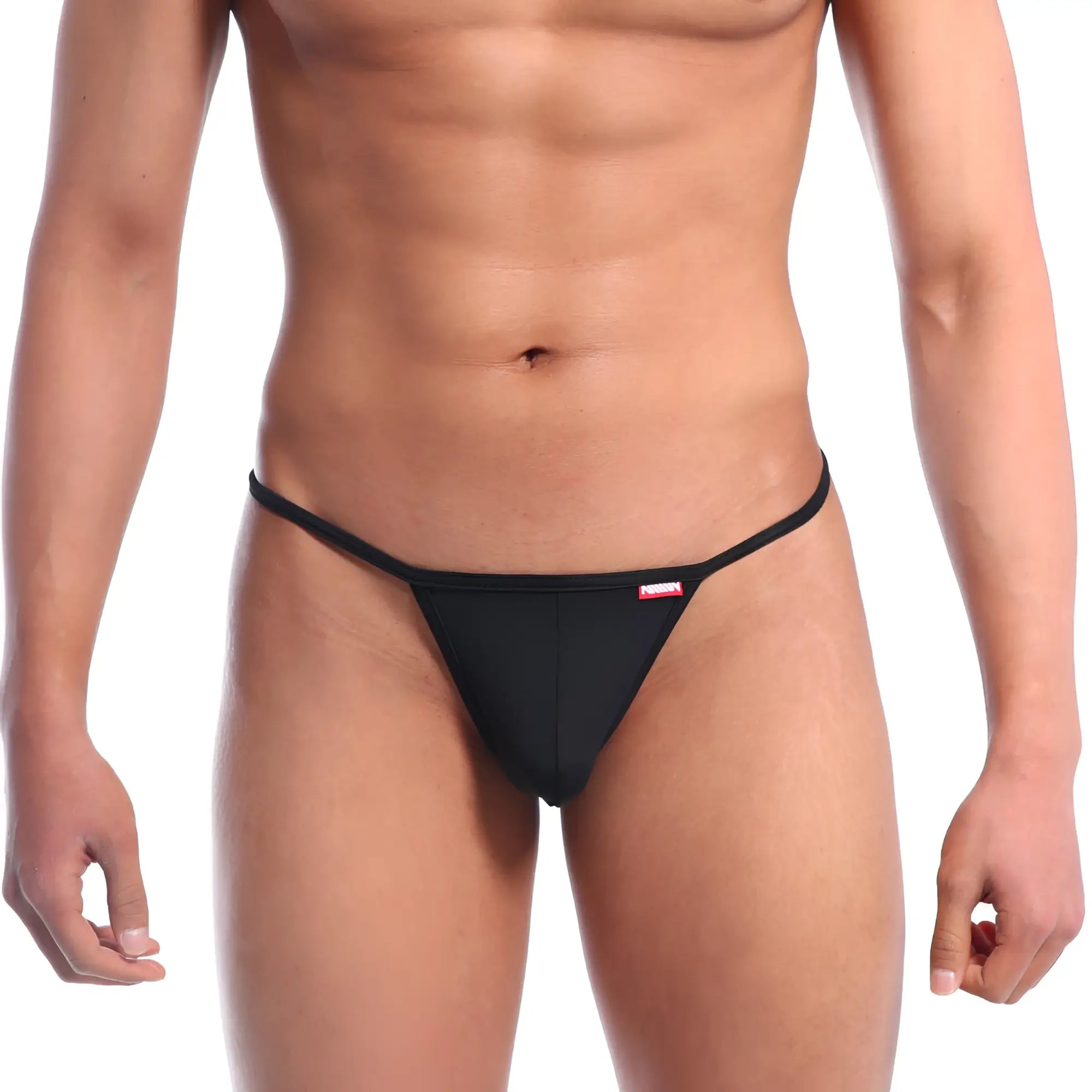 Black thong from MetroMaleWear V Bikini 2225-20 with thin smooth elastic waistband and small red brand tag on side