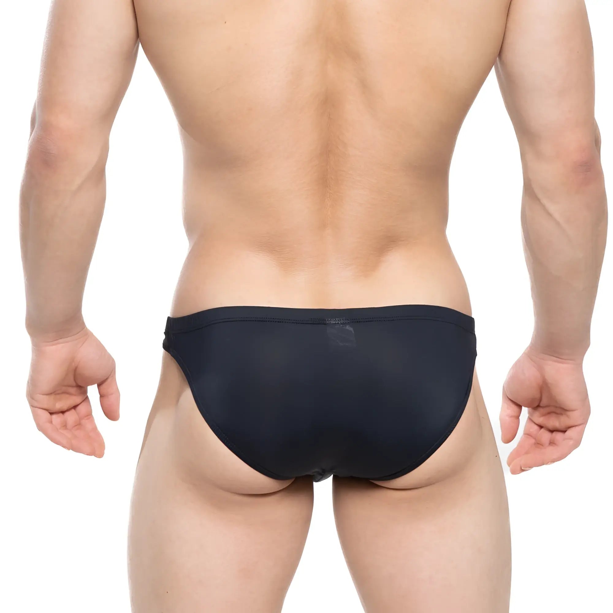 Black form-fitting swim trunks with smooth stretchy fabric and subtle metro malewear logo on the waistband