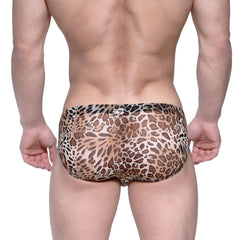 MetroMaleWear Vasco hip brief animal yellow swim trunks in sheer stretchy fabric with brown and black leopard print spots