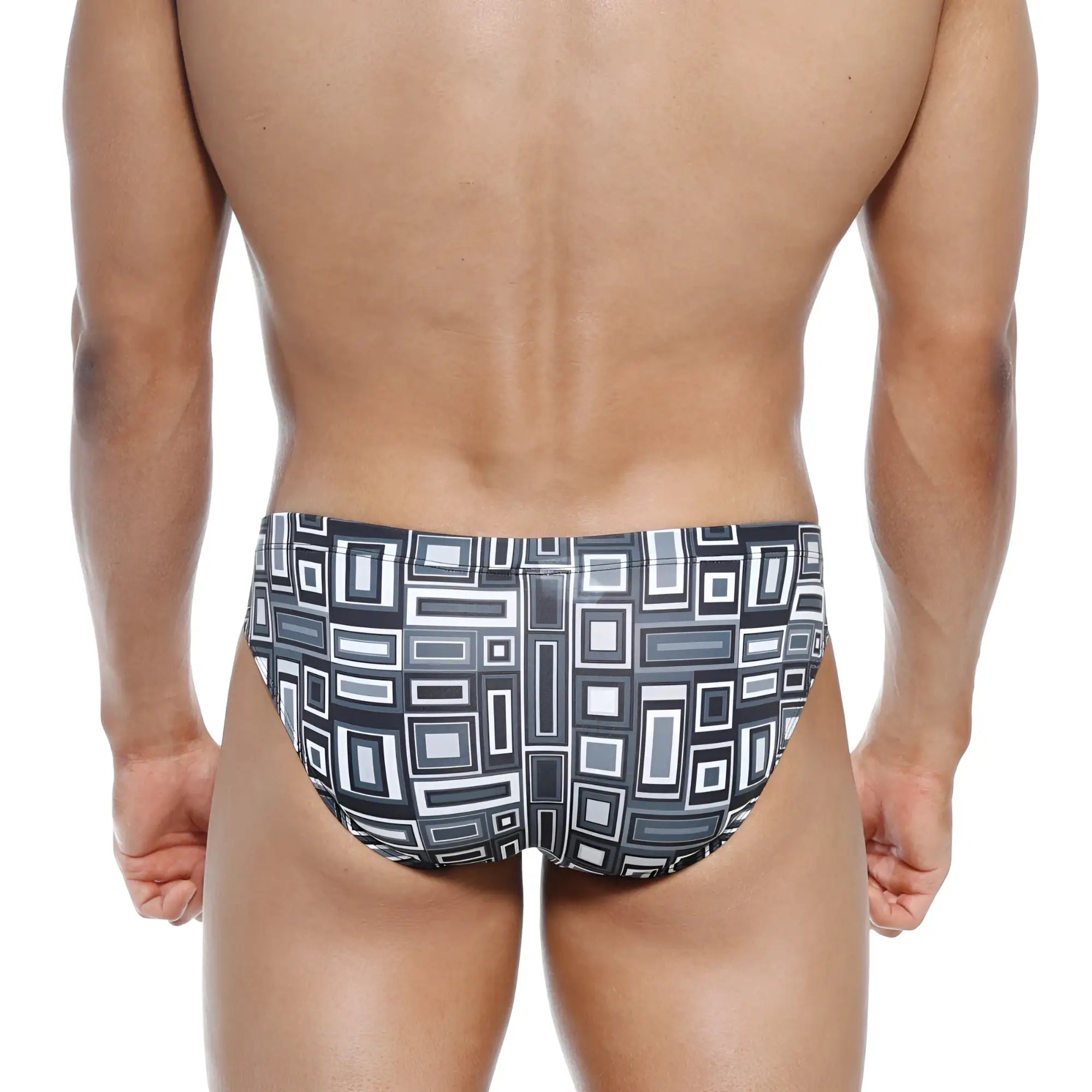 Black and white geometric patterned swim trunks metro malewear vasco hip brief basalto 5103 23 with modern abstract design
