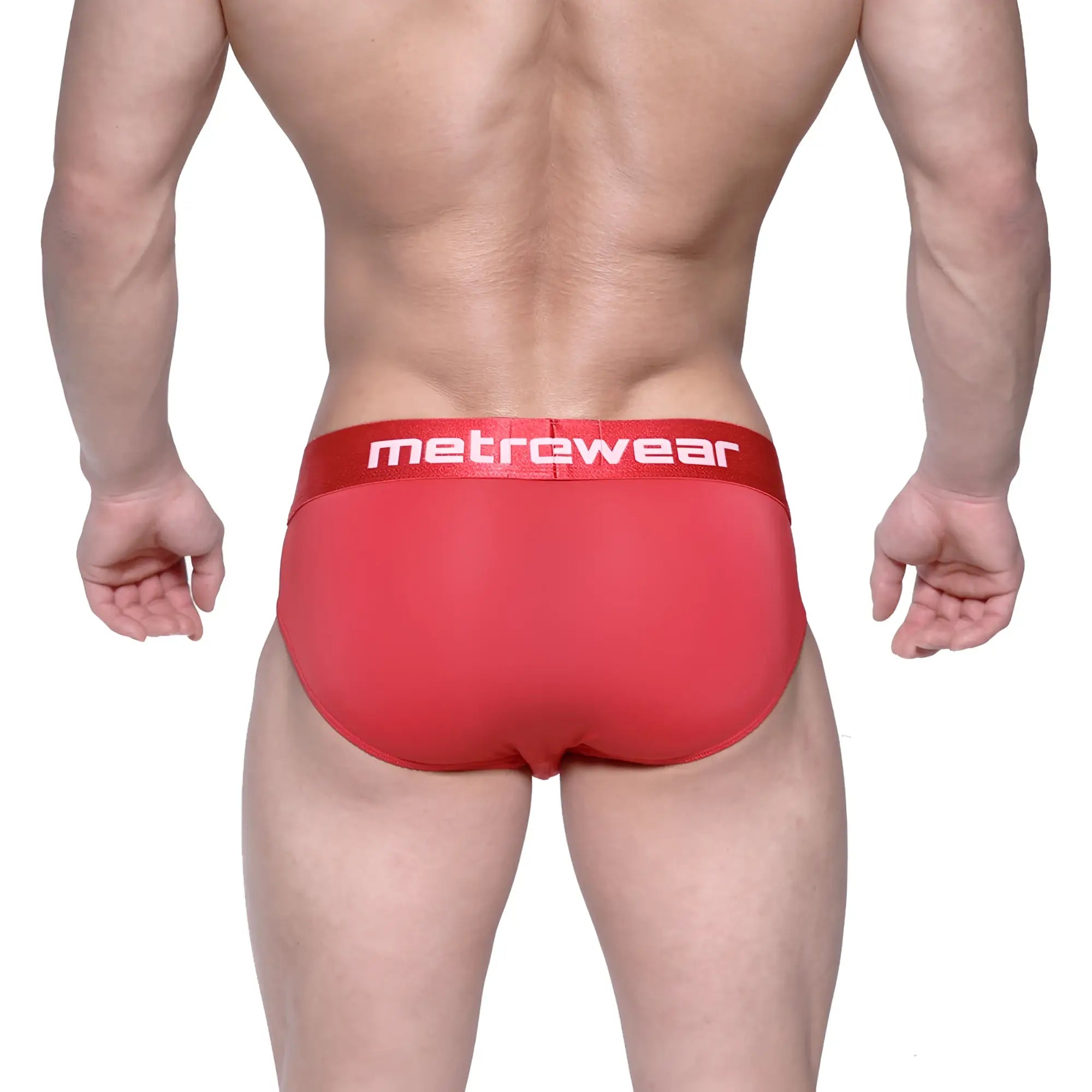 Red metrowear vasco hip briefs in crimson with matching waistband featuring white lettering for comfortable daily wear