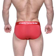 Red metrowear vasco hip briefs in crimson with matching waistband featuring white lettering for comfortable daily wear