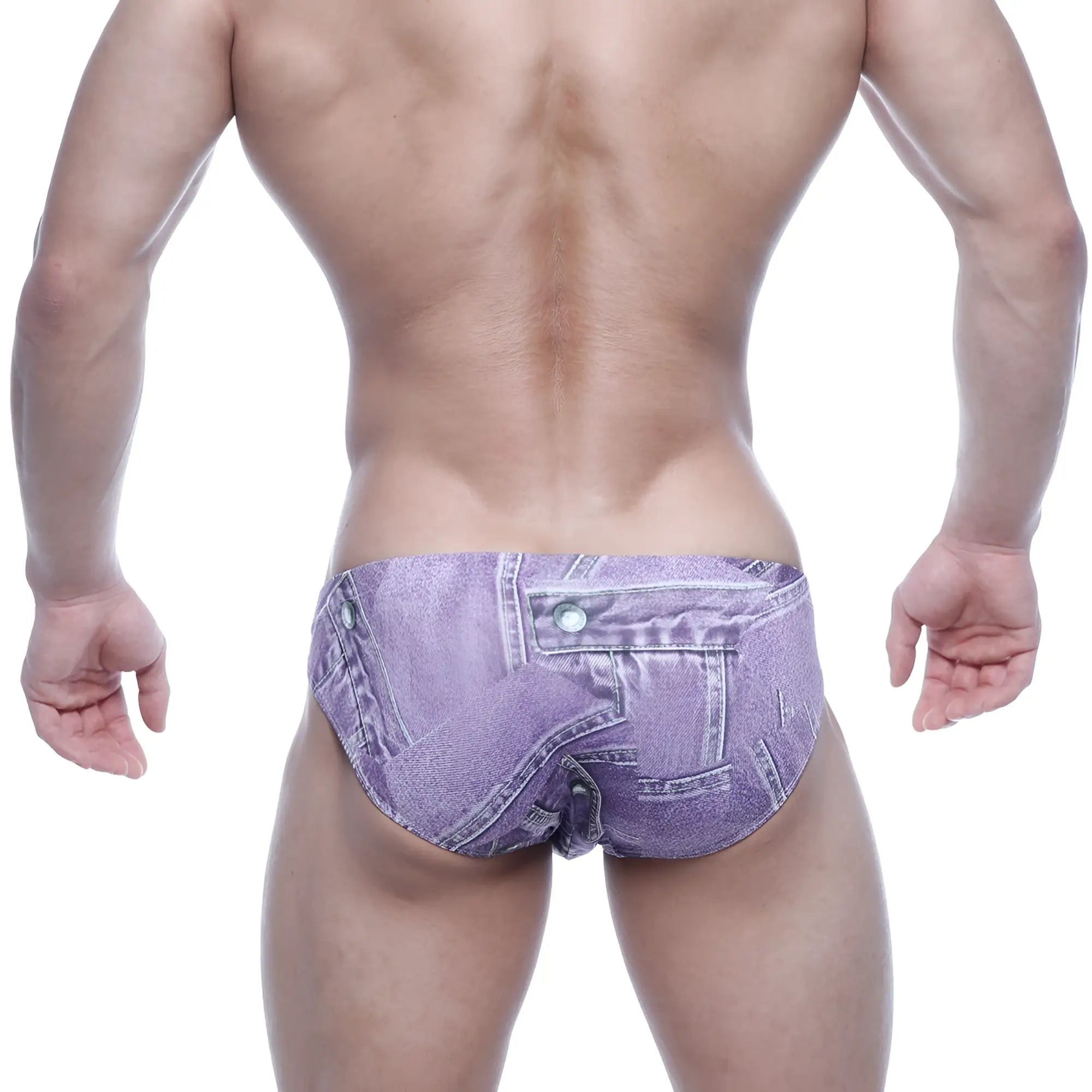Purple denim-patterned men’s briefs with button and zipper detail metro male wear vasco hip brief denim purple 5103-69