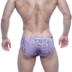 Purple denim-patterned men’s briefs with button and zipper detail metro male wear vasco hip brief denim purple 5103-69