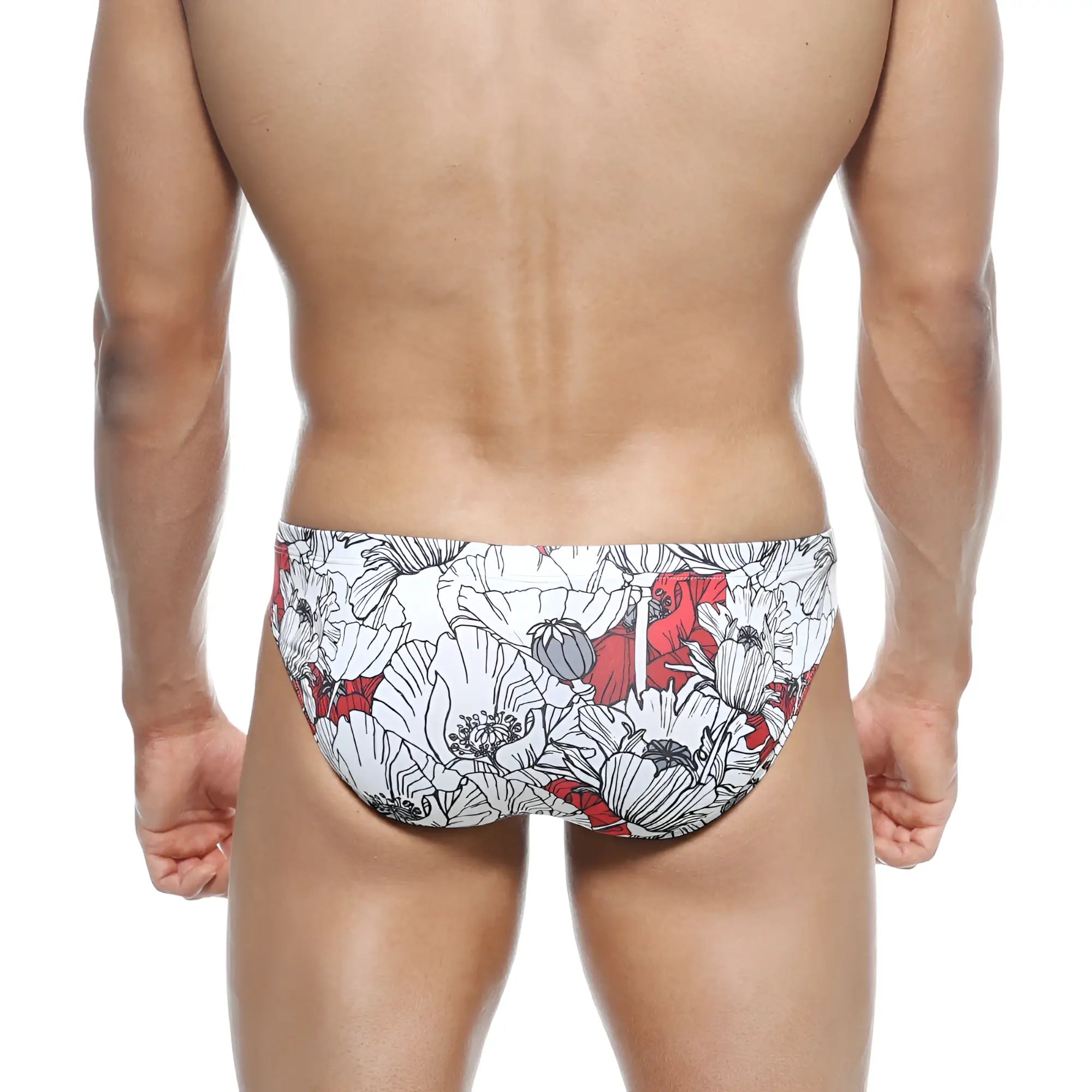 MetroMaleWear Vasco Hip Brief Escobar 5103-09 swim trunks with white and red poppy pattern and black outlines