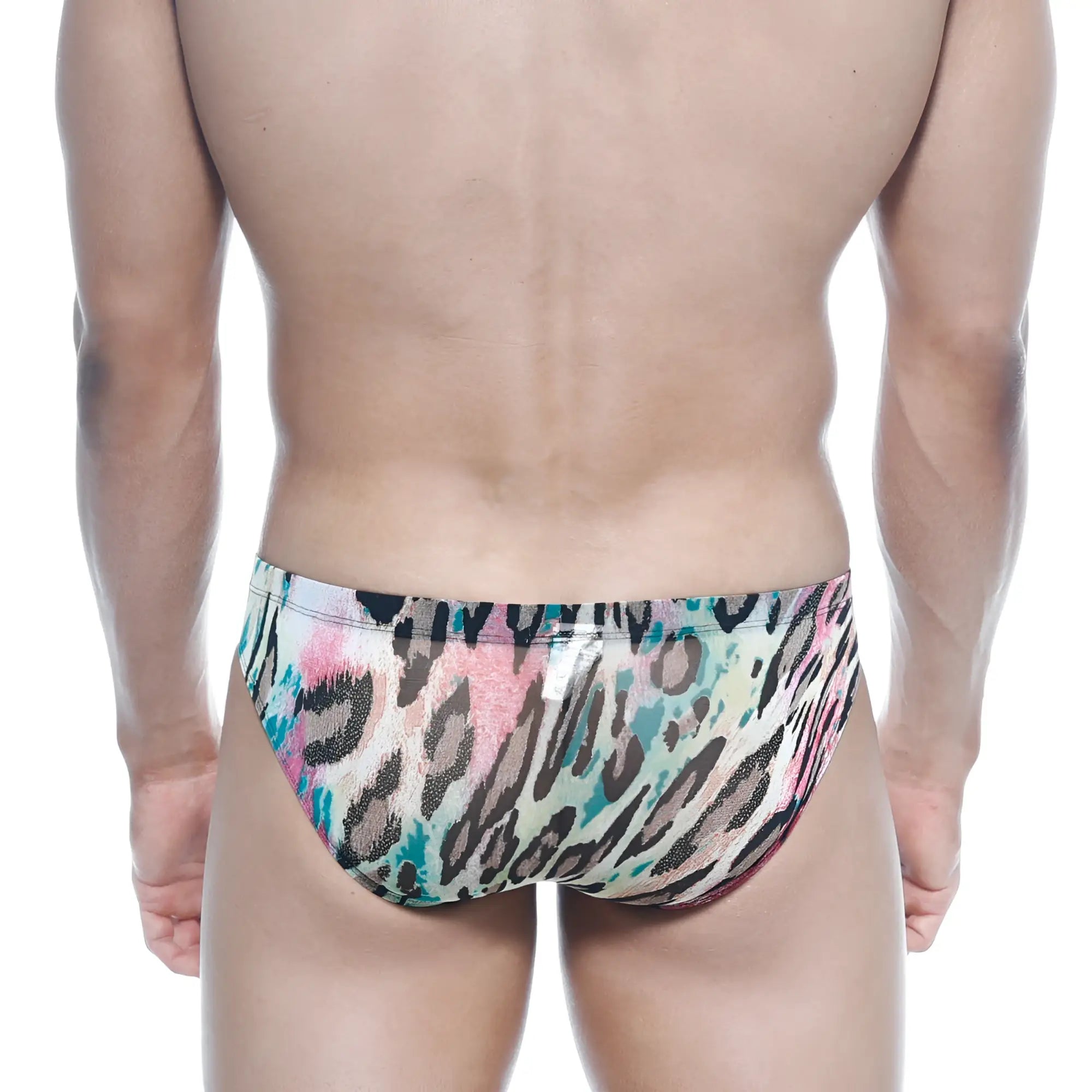 MetroMalewear vasco hip brief Fenrir 5103-79 vibrant multicolored leopard-print swim trunks in pink teal and black