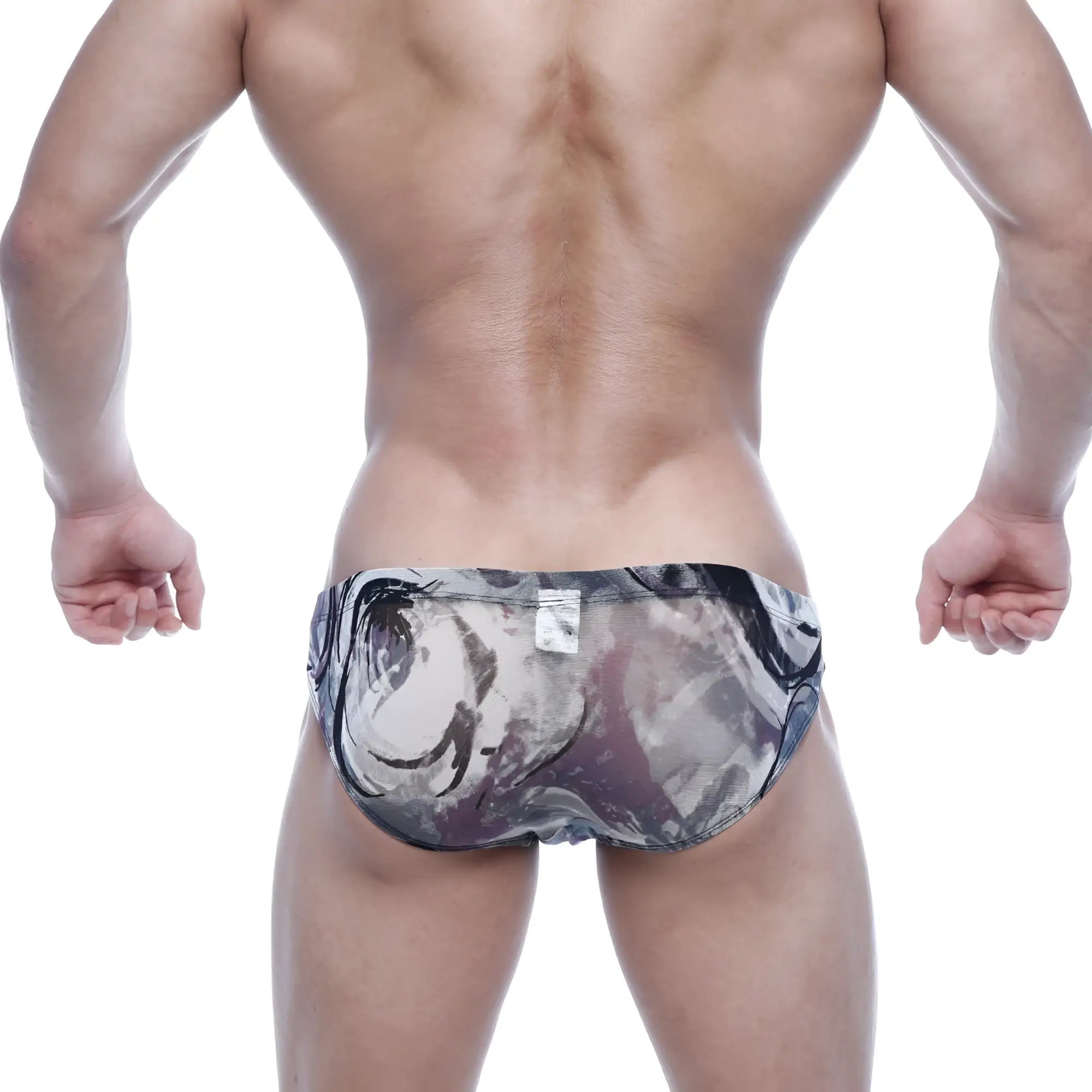 Metro male wear vasco hip brief mesh swim trunks in black and gray abstract swirl pattern