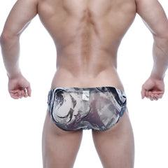 Metro male wear vasco hip brief mesh swim trunks in black and gray abstract swirl pattern
