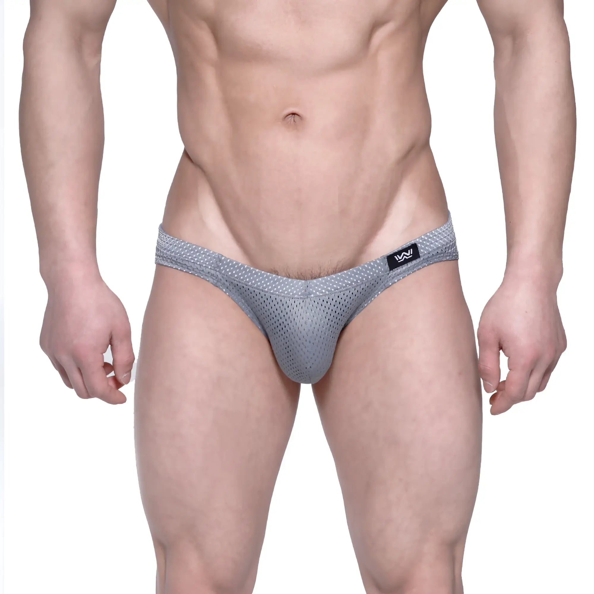 Gray mesh metro malewear vasco hip brief with black logo tag on waistband for men