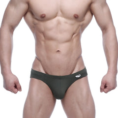 Olive green metro male wear vasco hip briefs with a small white brand tag on the waistband