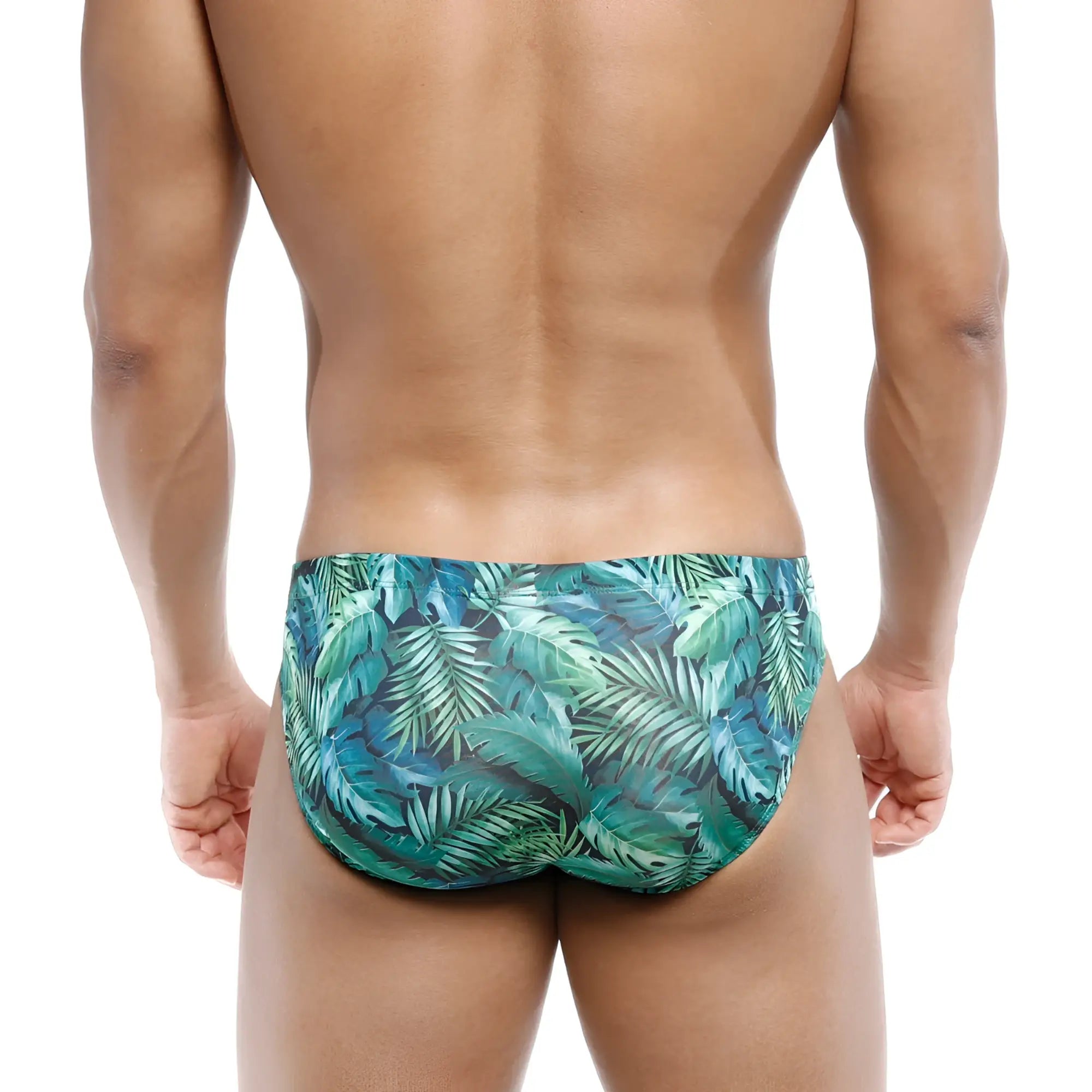 MetroMaleWear Vasco Hip Brief Jungle 5103-88 swim trunks with tropical leaf pattern in teal and green colors