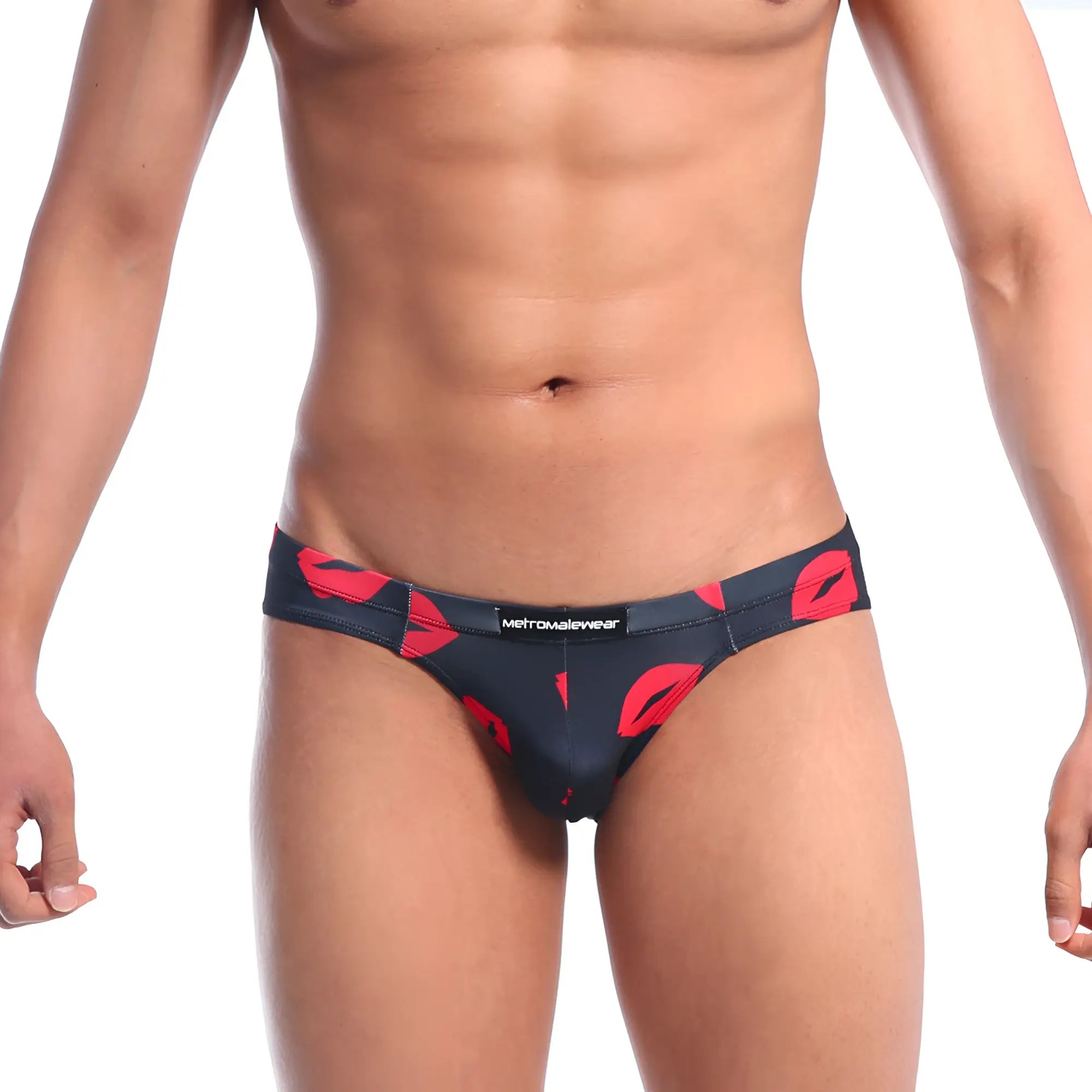 Black briefs with bold red lipstick print and metromalewear label metroMalewear vasco hip brief kiss black 5103-67