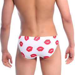 MetroMalewear Vasco hip brief white swim trunks with red lipstick kiss mark pattern for stylish beachwear