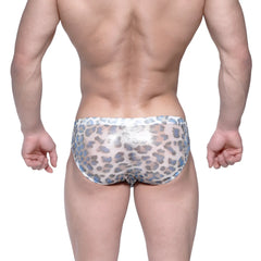 Shiny silver and blue leopard-print metroMalewear vasco hip brief men’s underwear in metallic fabric