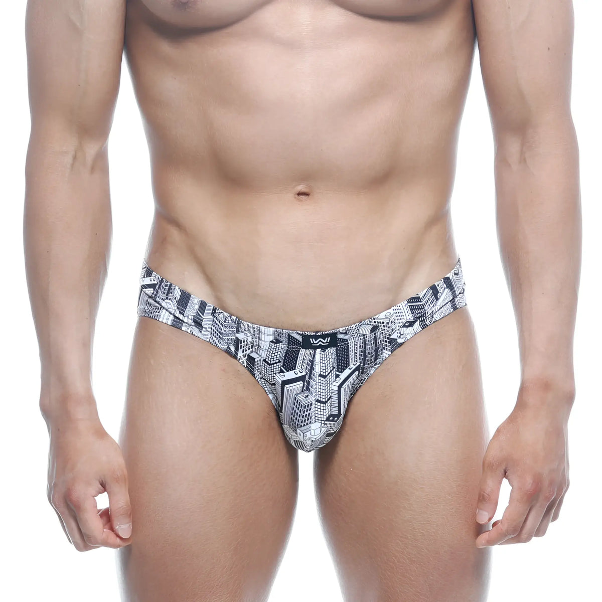 Black and white cityscape patterned mens briefs with sleek modern design metro male wear vasco hip brief metro 5103-48